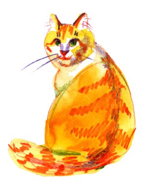 Sulu boya şirin kırmızı kedi. Sulu boya grafik için kumaş, kartpostal, tebrik kartı, kitap, poster, tişört. İllüstrasyon, yalıtım nesneleri