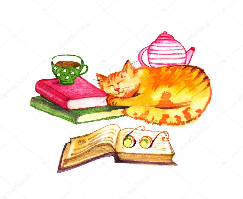 Composition with watercolor cats, books and tea on white background. Watercolor pencils hand drawn illustration