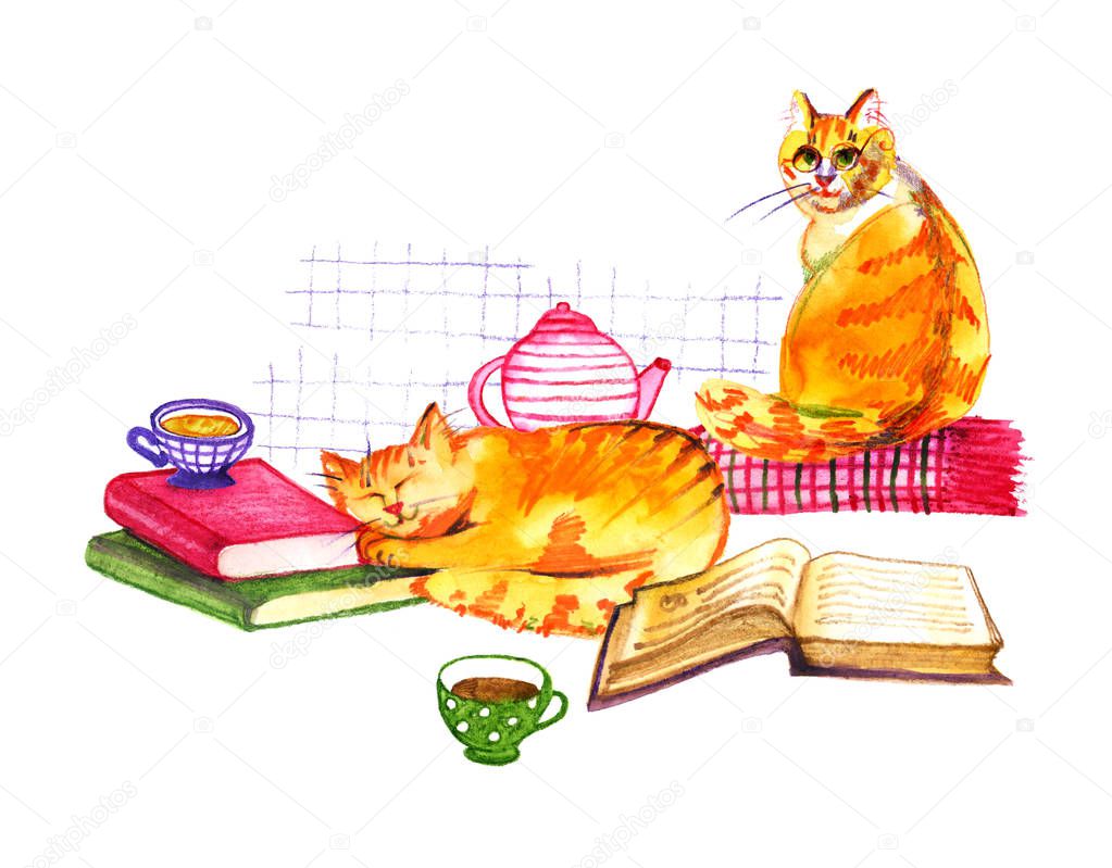 Composition with watercolor cats, books and tea on white background. Watercolor pencils hand drawn illustration
