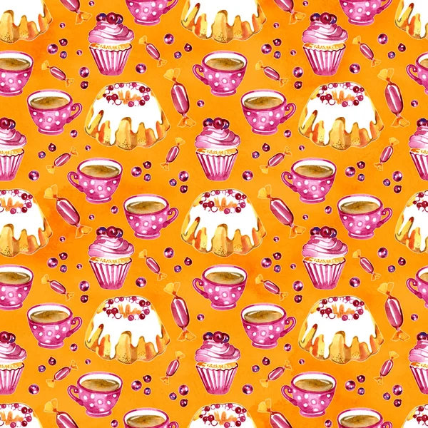 Seamless pattern of a cake, cupcake and cranberry. Picture of a dessert.Watercolor hand drawn illustration.White background. — Stock Photo, Image