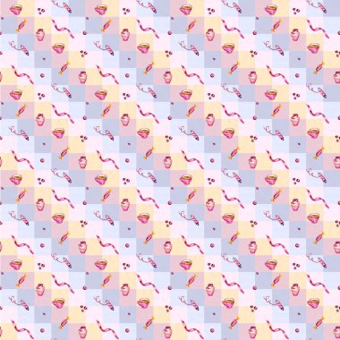 Sulu boya Dikişsiz desen çeşitli dikiş araçları. Dikiş seti, aksesuar ve malzemeleri dikiş için. Makas, düğmeler, bobin iplik ve iğne ile