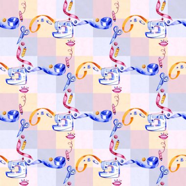 Sulu boya Dikişsiz desen çeşitli dikiş araçları. Dikiş seti, aksesuar ve malzemeleri dikiş için. Makas, düğmeler, bobin iplik ve iğne ile