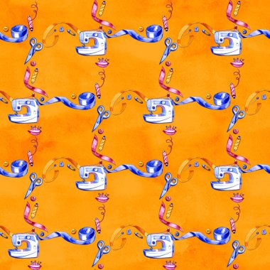 Sulu boya Dikişsiz desen çeşitli dikiş araçları. Dikiş seti, aksesuar ve malzemeleri dikiş için. Makas, düğmeler, bobin iplik ve iğne ile