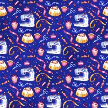 Ekipman dikiş malzemeleri mavi renkli seamless modeli ile düz çizgi Icons set terzi. İğne işi aksesuarlar - brode makinesi, pin, iğne, DIY araçları.