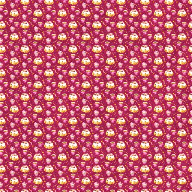 Suluboya kızılcık kek ve çay suluboya resim seamless modeli