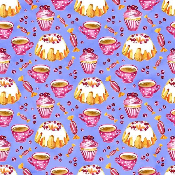 Nahtlose Muster eines Kuchens, Cupcake und Preiselbeere. Bild eines Desserts. Aquarell handgezeichnete Illustration.weißer Hintergrund. — Stockfoto