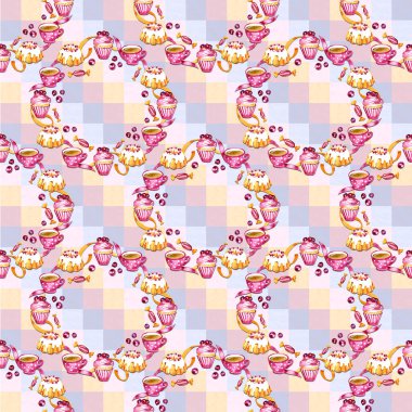 Suluboya kızılcık kek ve çay suluboya resim seamless modeli