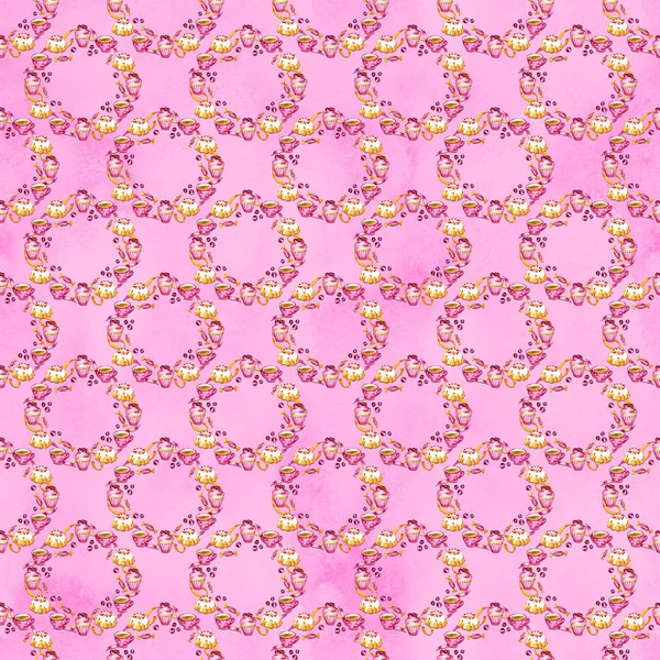 Aquarel cranberry cupcakes en thee aquarel illustratie naadloze patroon — Stockfoto