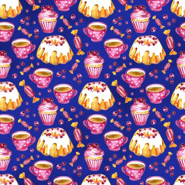 Suluboya kızılcık kek ve çay suluboya resim desen