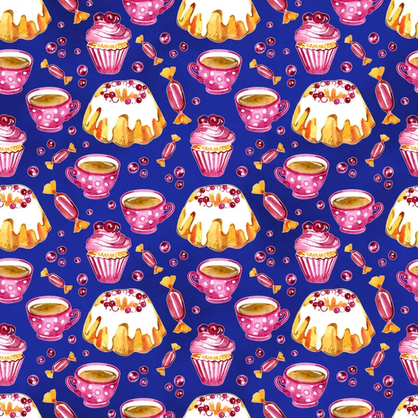 수채화 크랜베리 컵 케이크와 차 수채화 일러스트 패턴 — 스톡 사진