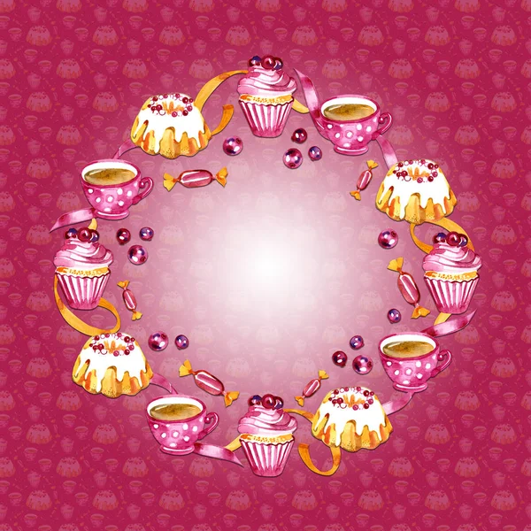 Sweet cakes, tea and berries frame isolated on red background. Design for card, logo, menu. Hand drawn watercolor illustration.