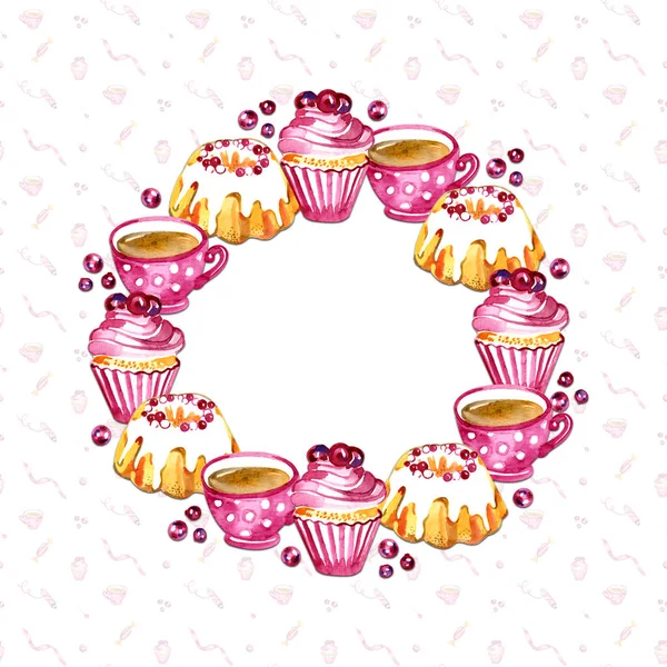 Sweets, berries and tea round frame. All elements are isolated and editable. — Stock Photo, Image