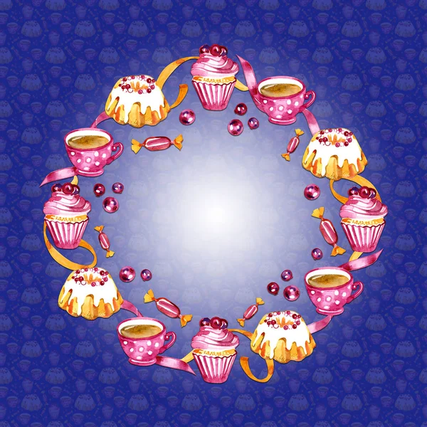 Zoete taarten, thee en bessen frame geïsoleerd op blauwe achtergrond. Ontwerpen voor logo, kaart, menu. Hand getekend aquarel illustratie. — Stockfoto