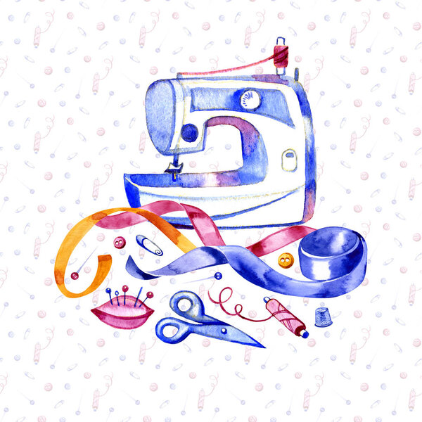 Сделано вручную. Аксессуары для шитья и вышивки. Ножницы. Ручная рисованная акварель
