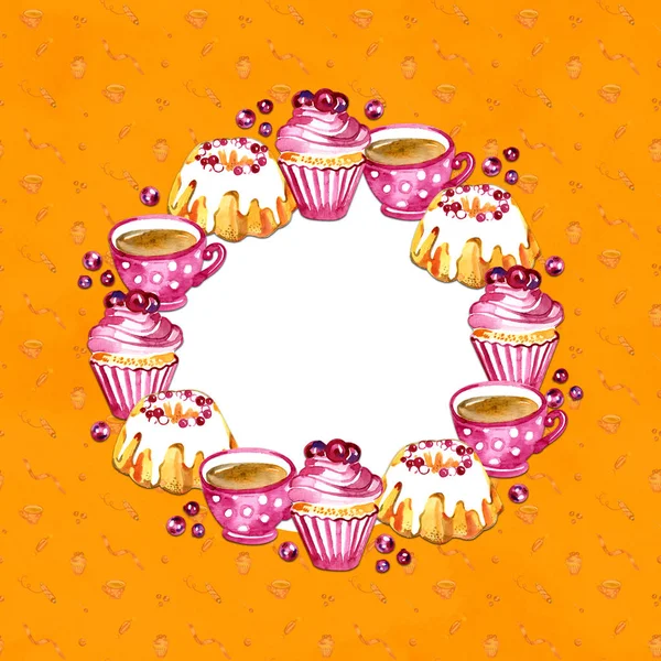 Sweet cakes, tea and berries frame isolated on yellow background. Design for card, logo, menu. Hand drawn watercolor illustration. — Stock Photo, Image