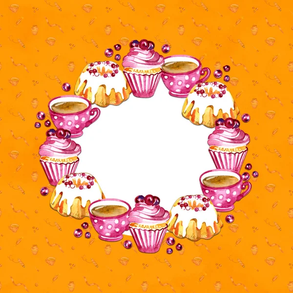 Sweet cakes, tea and berries frame isolated on yellow background. Design for card, logo, menu. Hand drawn watercolor illustration.