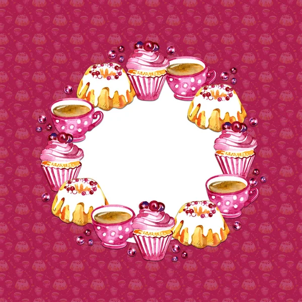 Sweet cakes, tea and berries frame isolated on pink background. Design for card, logo, menu. Hand drawn watercolor illustration. — Stock Photo, Image