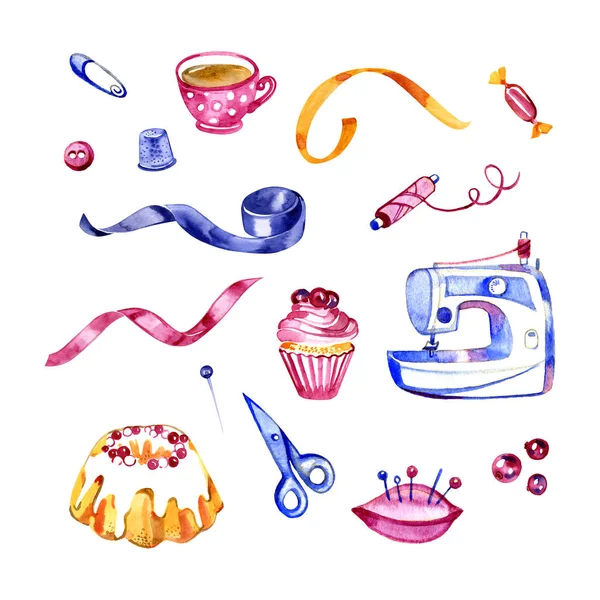 Ruční kreslení roztomilé ilustrace sladkosti a šicí sada izolovaných na bílém pozadí. — Stock fotografie