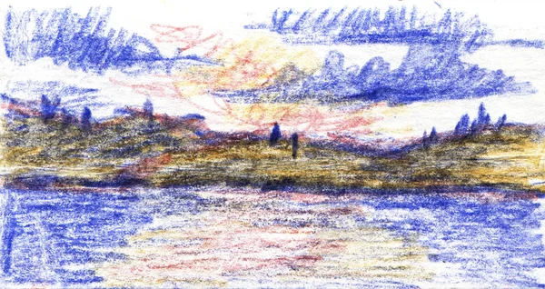 Rising słońce nad jeziorem krajobraz. Ilustracja kolor ręcznie rysowane ołówkiem. Szkic w plenerze. — Zdjęcie stockowe