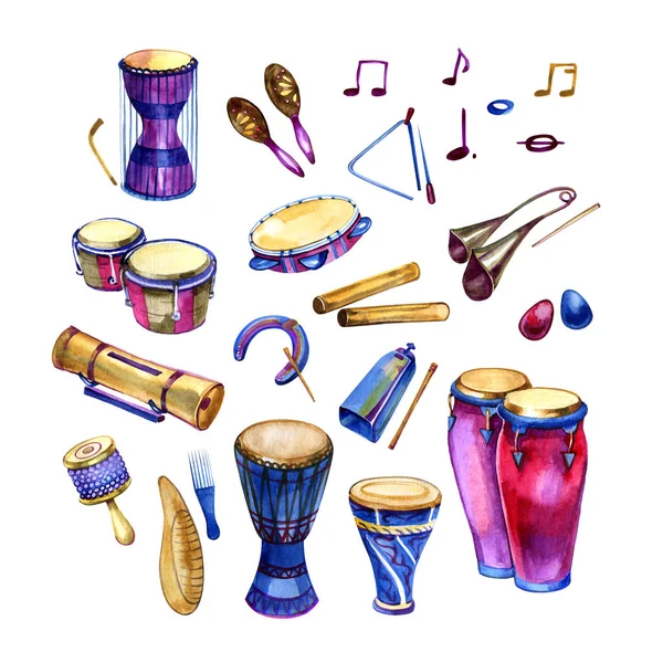 Aquarel set van verschillende traditionele etnische percussie-instrumenten — Stockfoto