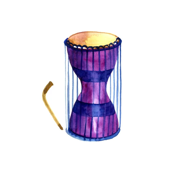 Musical illustration series. Traditional African talking drum, isolated on white background. Watercolor — Stock Photo, Image