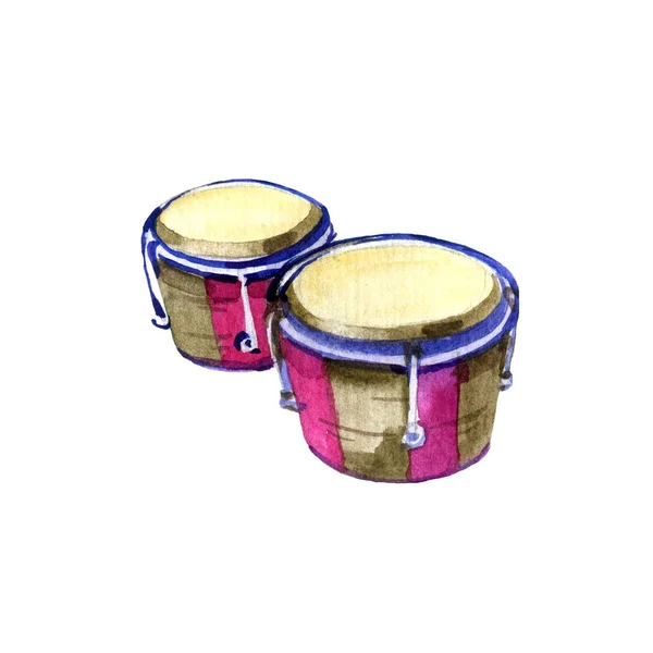 Handgezeichnete Bongos. Aquarell-Skizze des traditionellen lateinischen Schlagzeugs. — Stockfoto