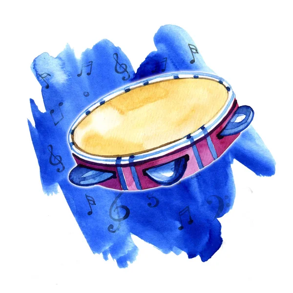 Esboço desenhado à mão de pandeiro. Tambor étnico em uma mancha azul brilhante . — Fotografia de Stock