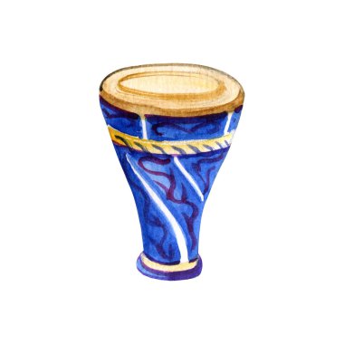 Derin mavi ve mor renklerde elle çizilmiş suluboya darbuka.