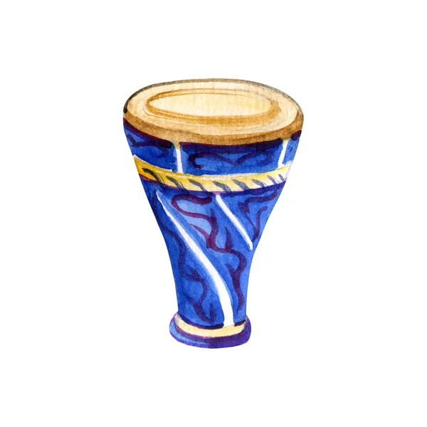 Handgezeichnetes Aquarell Darbuka in tiefblauen und violetten Farben. — Stockfoto