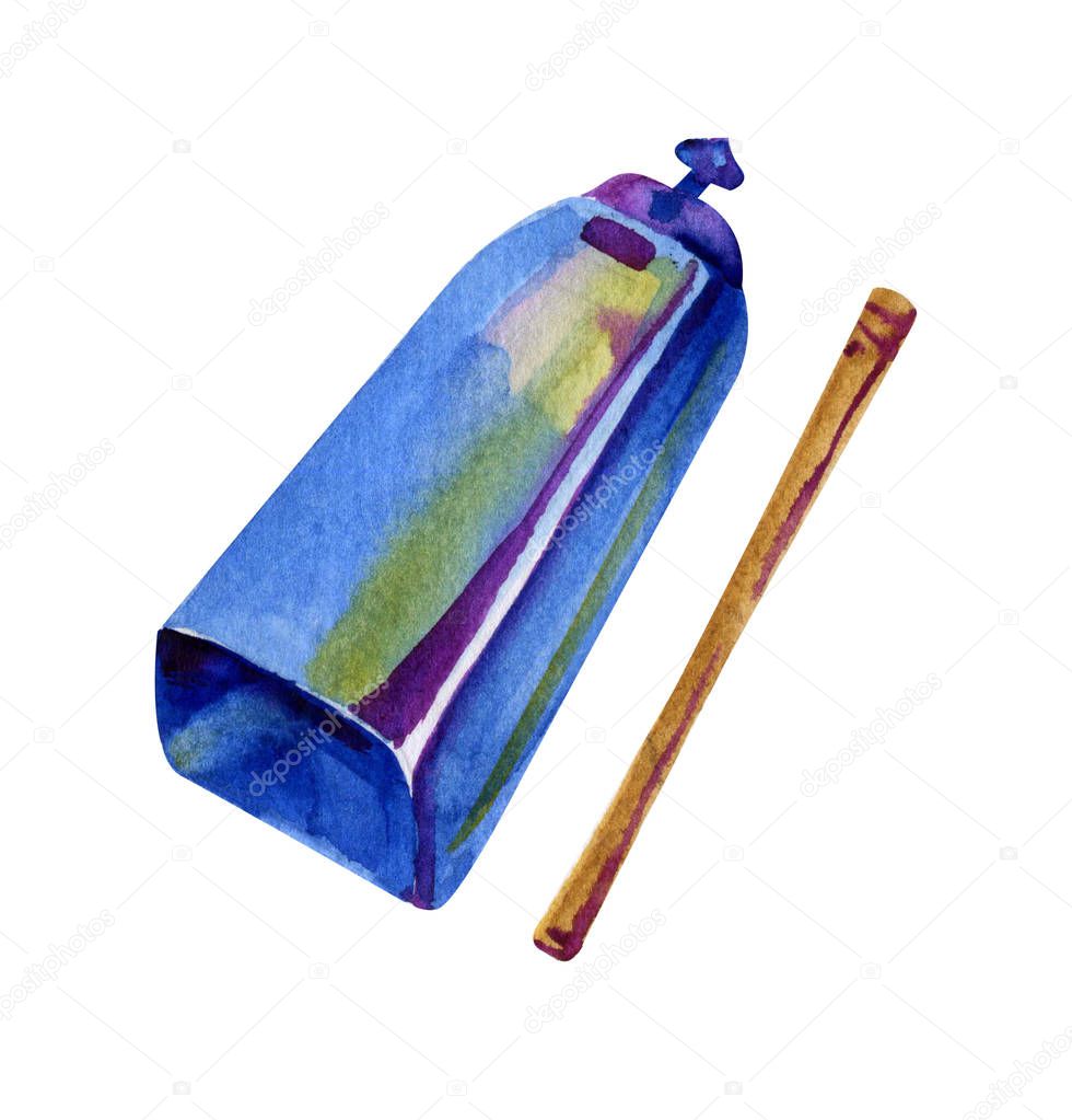Watercolor isolated cowbell. Musical instrument. Sketch illustration on white background