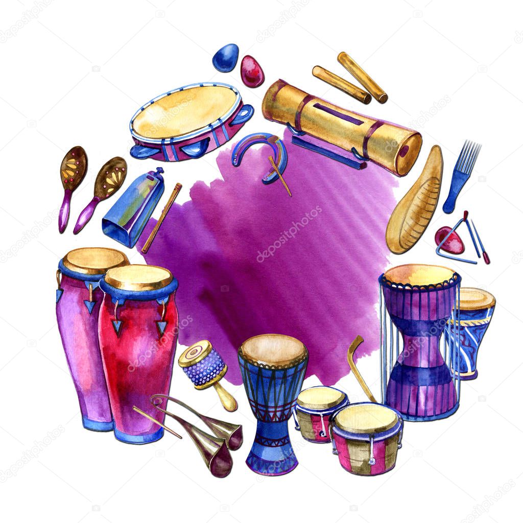 White round background with musical percussion instruments. Watercolor music illustration. Frame.