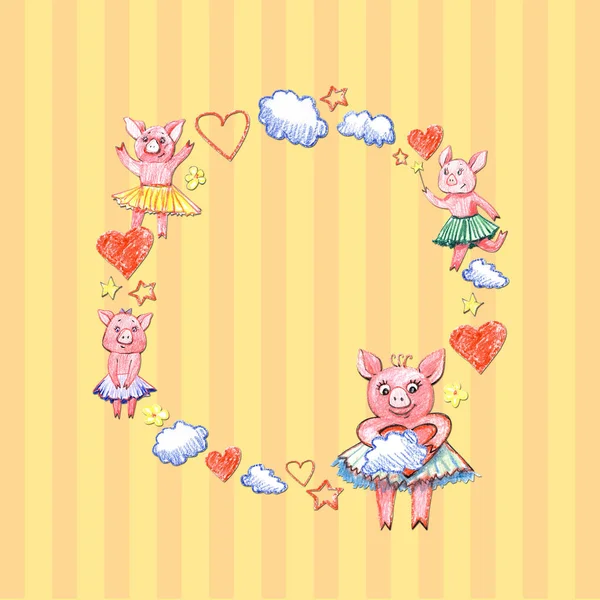 Lindo cerdo rosa en marco floral. Símbolo de año nuevo 2019. Bonita tarjeta de felicitación. Imprimir con animal feliz . — Foto de Stock