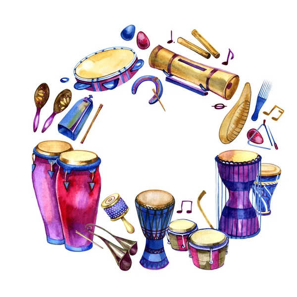 Percussie-instrumenten. Cirkel gevuld met hand getrokken doodles van etnische drums op een witte achtergrond. Muziek ontwerp frame. — Stockfoto