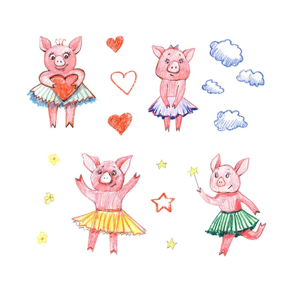 Set med tecknade små grisar. Söta pastellfärgade grisarna på vit bakgrund. — Stockfoto