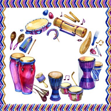 Percussion instruments. Circle filled with hand drawn doodles of ethnic drums on a white background. Music design frame. clipart