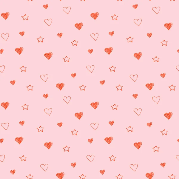 Enkla hjärtan sömlös pastell mönster. Alla hjärtans dag bakgrund. Platt design oändliga kaotisk struktur gjord av tiny hjärtat silhuetter. Röda nyanser. — Stockfoto