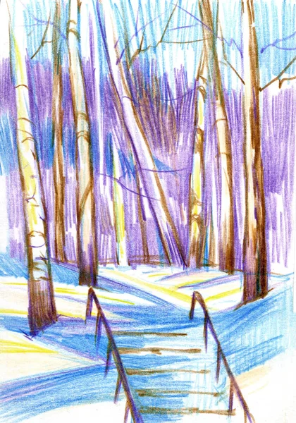 Зимний Пейзаж Березами Лестницами Ручной Рисунок — стоковое фото