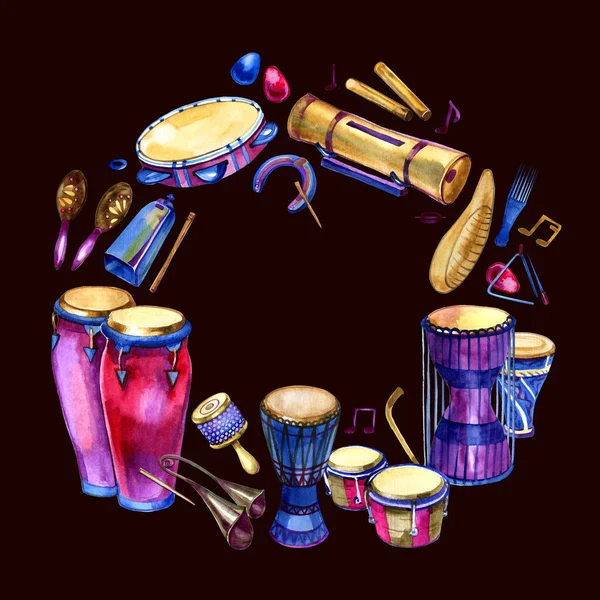 Weißer runder Hintergrund mit Perkussionsinstrumenten. Aquarell-Musik-Illustration. Rahmen. — Stockfoto