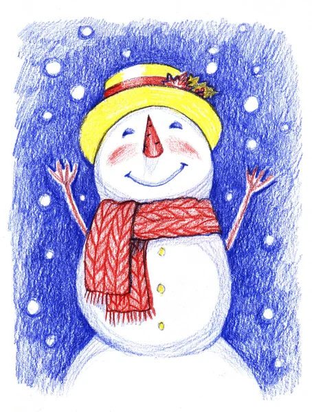 Escena de invierno, muñeco de nieve feliz disfrutando de la nieve. Lápiz de color ilustración — Foto de Stock