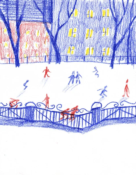 Ilustração de patinadores no gelo em Park. Lápis de cor sobre fundo branco — Fotografia de Stock