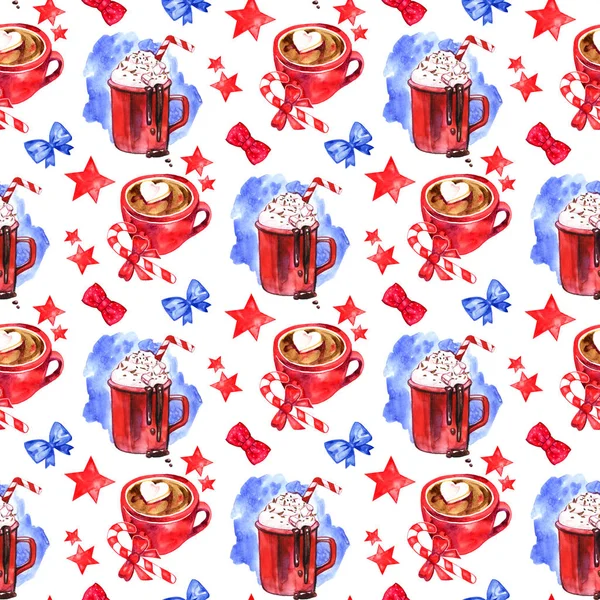 Seamless pattern with red cocoa cups and chocolate drops on white background. Hand drawn watercolor illustration. — Stock Photo, Image