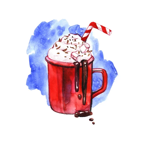 Χειμώνα ζεστό ρόφημα, κακάο με marshmallows. Φλυτζάνι της καυτής σοκολάτας με marshmallows. Παραδοσιακό ποτό για το χειμώνα. Ακουαρέλα εικονογράφηση. — Φωτογραφία Αρχείου