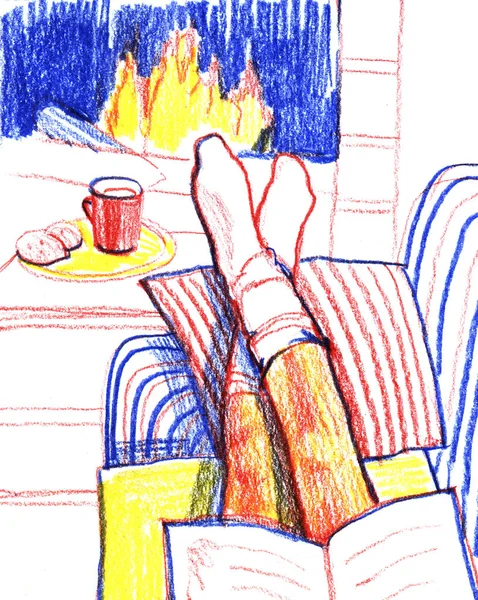 Gadis membaca buku di lengan kursi dekat perapian. Ilustrasi pensil warna — Stok Foto