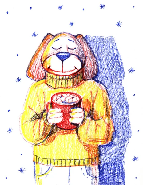 Cute portrait dog wearing sweater and holding cup of hot chocolate. Greeting card, postcard, party invitation, poster for christmas and new year. Hand draw illustration.