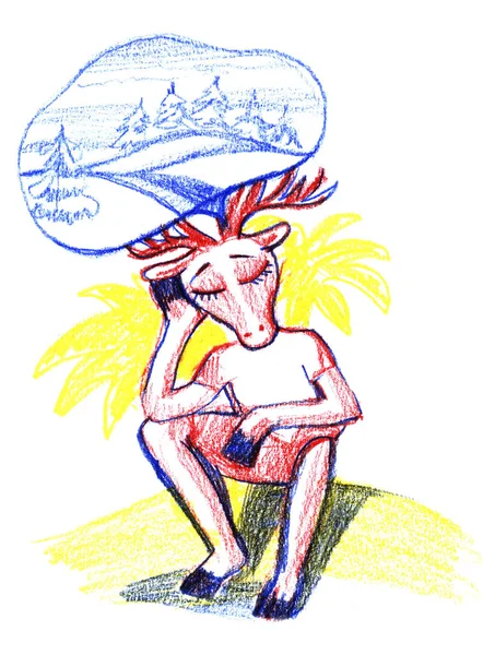 Funny moose, color pencil graphics. Moose under a palm tree dreams of winter. Hand draw illustration