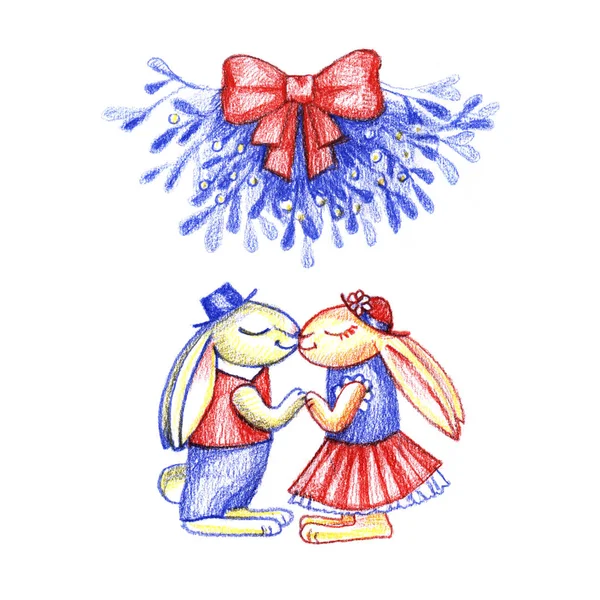 Помилка. Ручний намальований акварельний олівець ілюстрація гілочок тумбочки з червоним бантом і кроликів поцілунок ізольований на білому тлі для різдвяних листівок та декоративного дизайну . — стокове фото