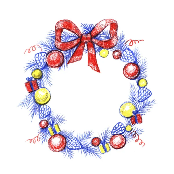 Boże Narodzenie wieniec kwiatowy, nowy rok ozdoba z zimą ptaki, sosny oddziałów, jagody, szyszki jodły. Akwarela ilustracja na białym tle — Zdjęcie stockowe