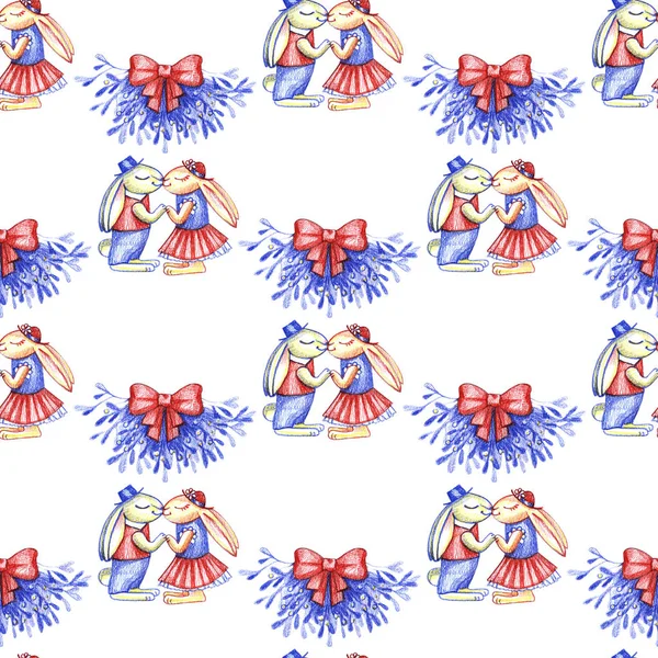 Merry Christmas hand draw illustration. Two funny rabbits kissing under mistletoe. Seamless pattern