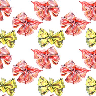 Kırmızı ve sarı yay ile Seamless modeli. El çizmek renk kalem illüstrasyon.