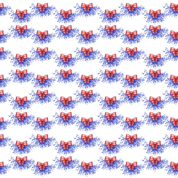 Naadloze patroon met Maretak takken en red strikken. Kleur Potlood illustratie — Stockfoto